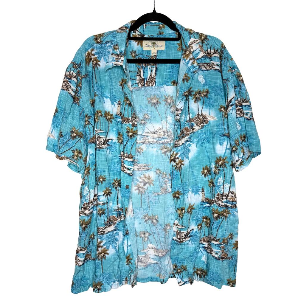Island Shores Tropical Palm Tree Short Sleeve Button Up Shirt Size XL Blue Beach